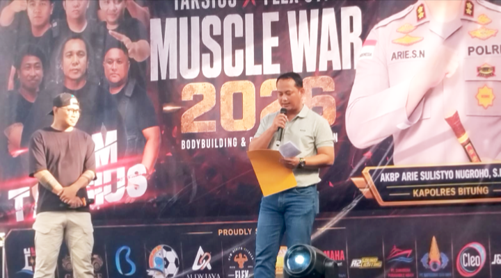 ‎Kapolres Bitung AKBP Arie Sulistyo Nugroho, S.H., S.I.K., M.H., saat membuka kegiatan Tarsius X Flex GYM Muscle War 2026 (Dok. Istimewa)