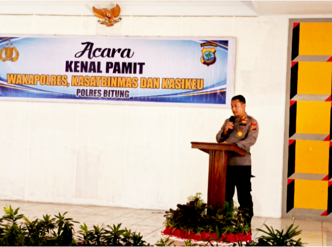 ‎Kapolres Bitung AKBP Arie Sulistyo Nugroho, S.I.K., S.H., M.H., Saat beri sambutan di acara kenal pamit. (Dok. Istimewa)